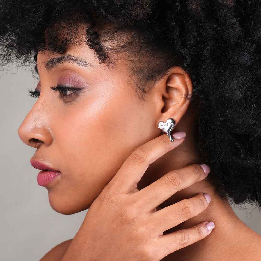 Silver Dripping Heart Stud Earrings