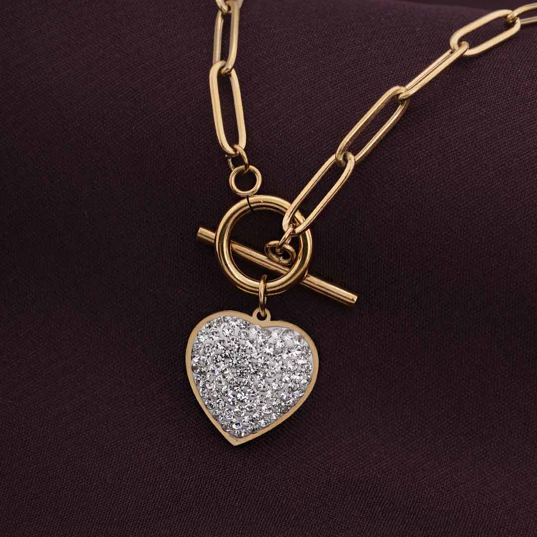 Glittering Heart Link Chain Necklace