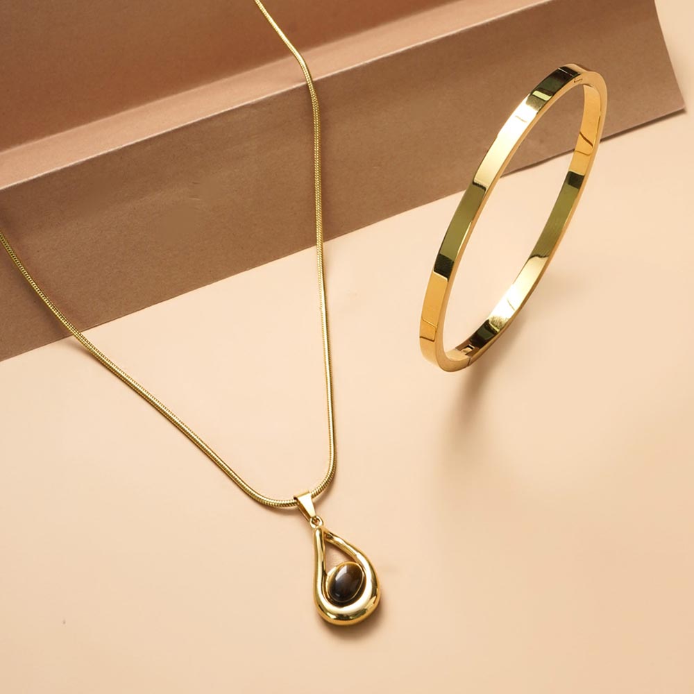Gold Teardrop Necklace & Plain Stackable Bangle Bracelet |4MM Combo Set