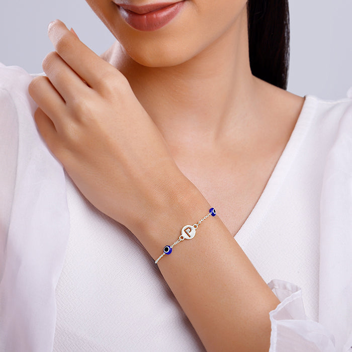 Silver Personalised Evil Eye Initial Bracelet