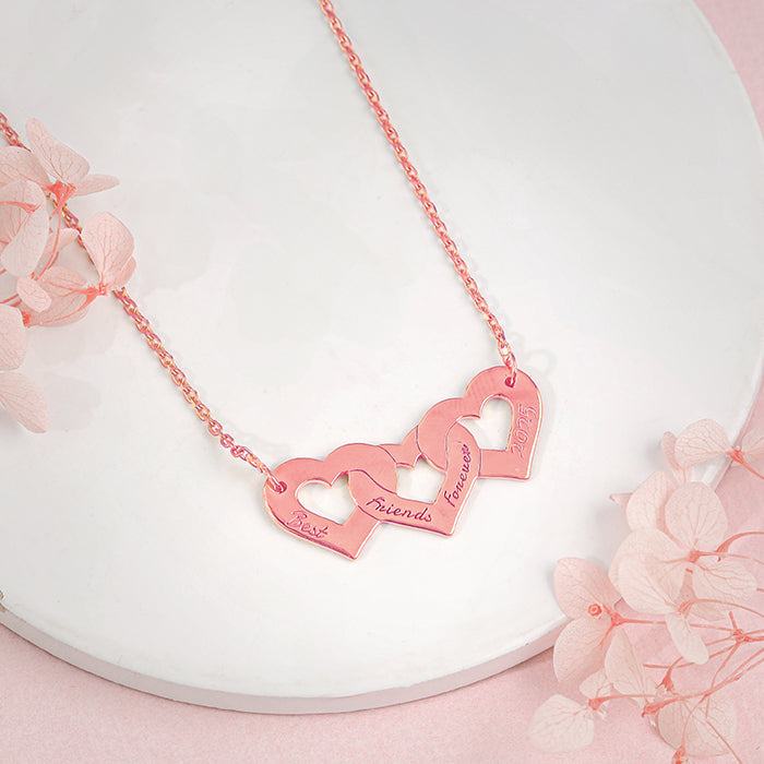 Rose Gold Personalised Triple Heart BFF Necklace