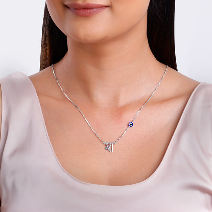 Silver Personalised Hindi Initial Evil Eye Necklace