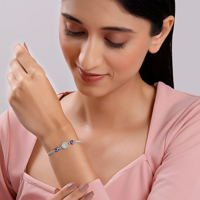Silver Hindi Initial Evil Eye Bracelet