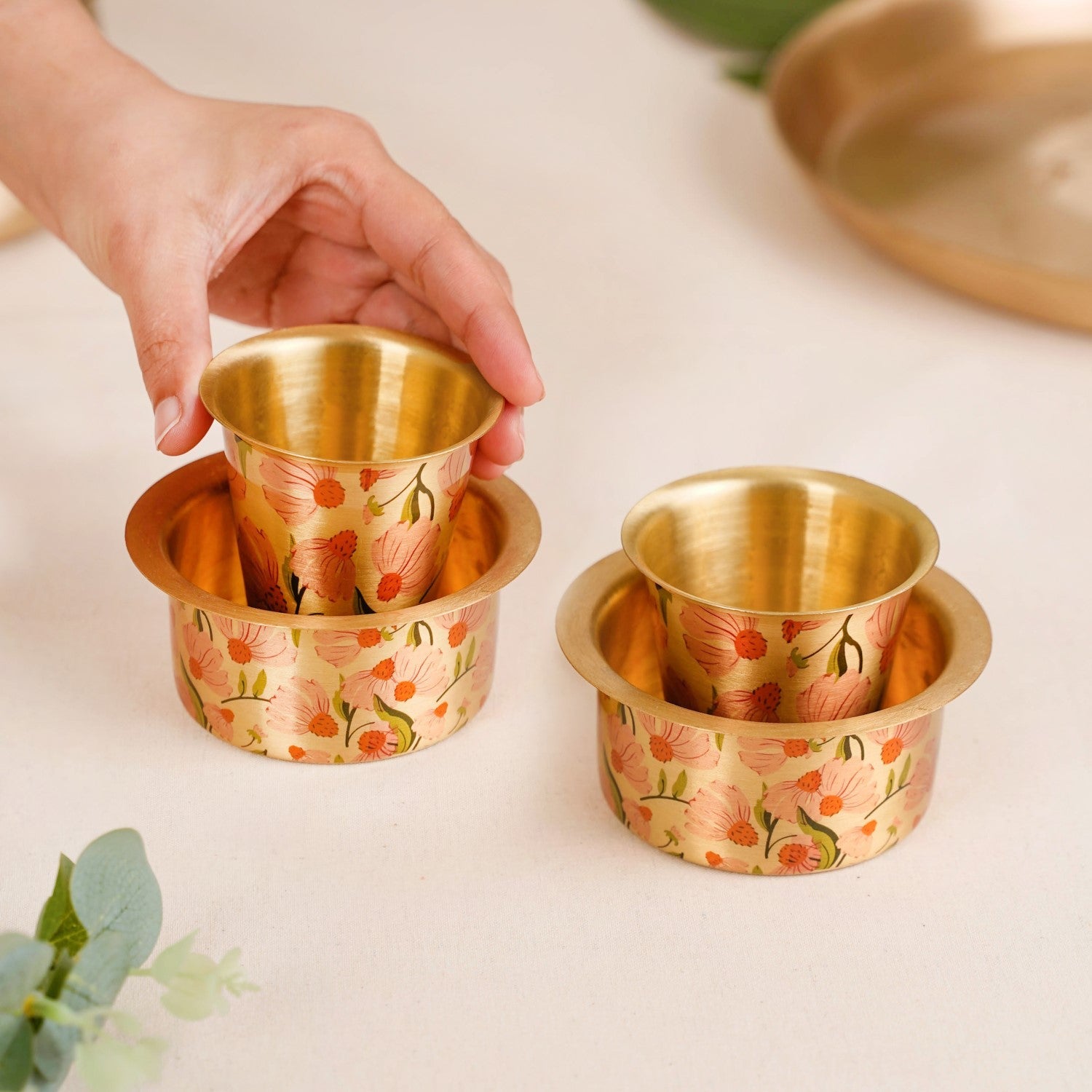 Peach Pure Brass Filter Coffee Dabara Set For 2 With Gift Box