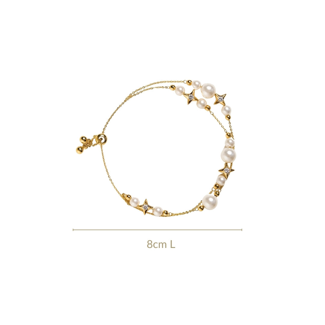 Pearls And Stars Double String Gold Bracelet
