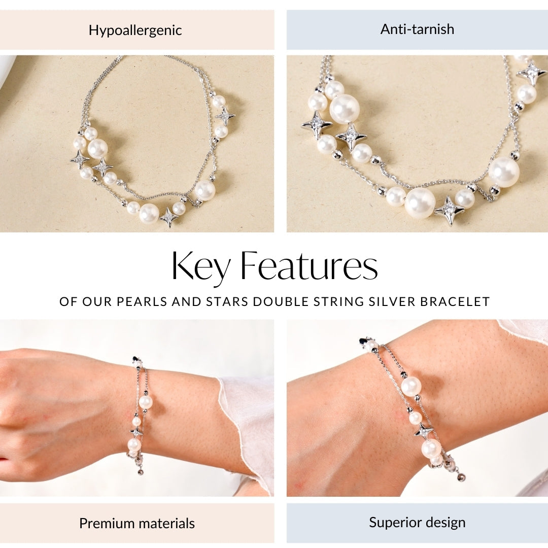 Pearls And Stars Double String Silver Bracelet