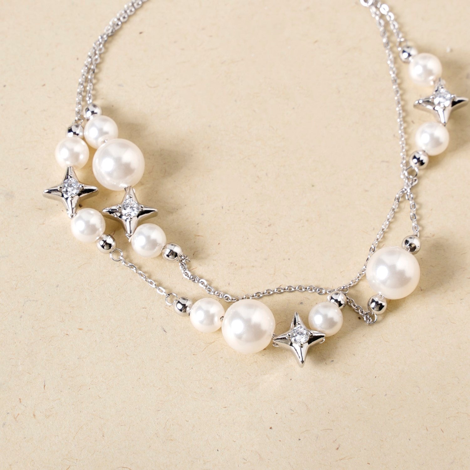 Pearls And Stars Double String Silver Bracelet