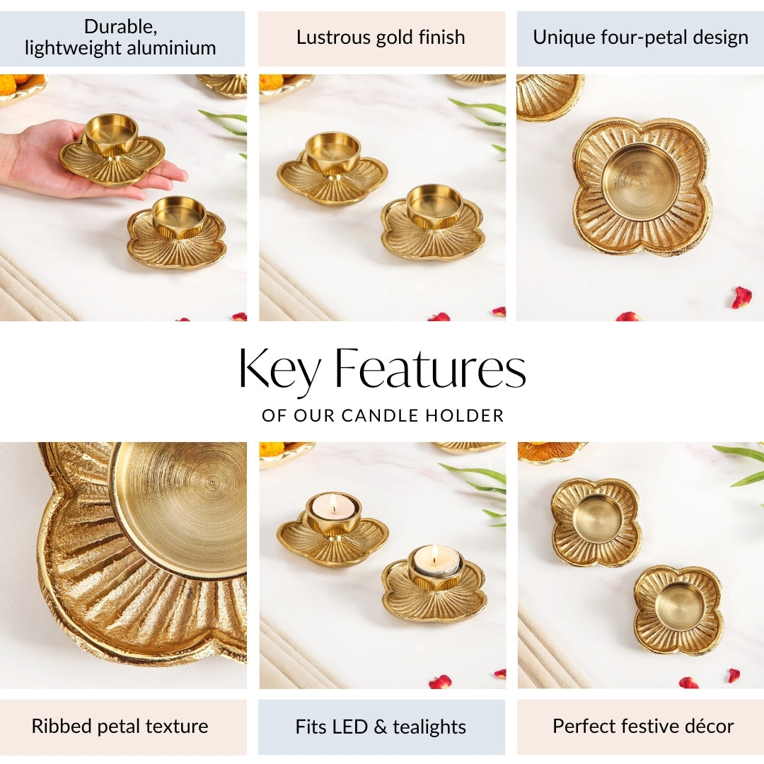 Petal Light Aluminium Tealight Candle Holder Set Of 2 In Festive Gift Box