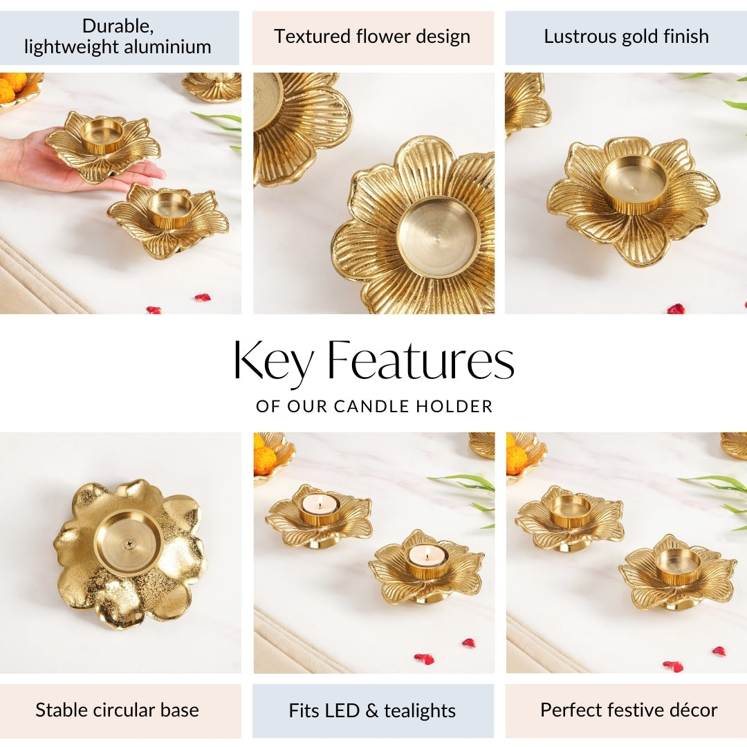 Petal Radiance Aluminium Tealight Candle Holder Set Of 2 In Festive Gift Box