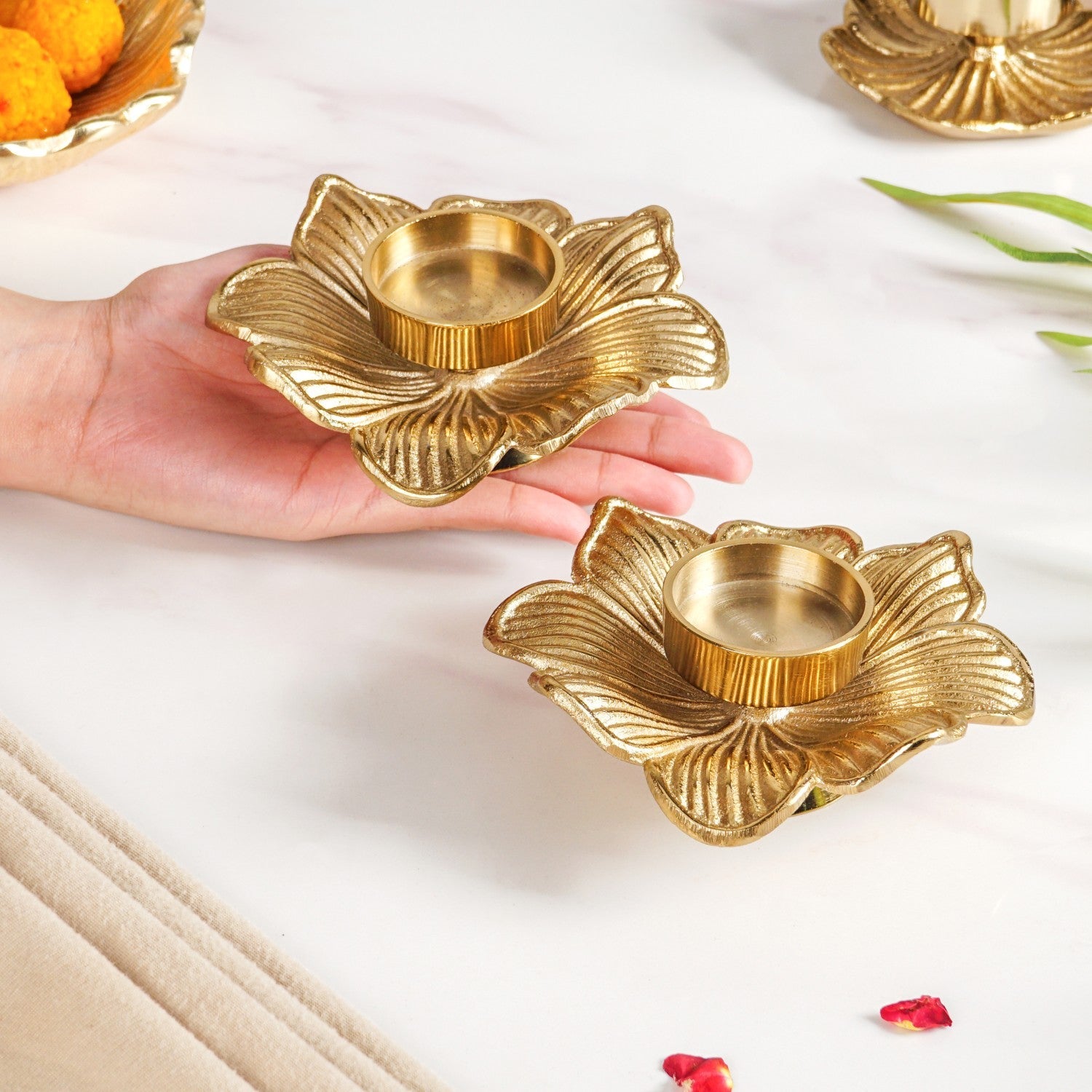 Petal Radiance Aluminium Tealight Candle Holder Set Of 2 In Festive Gift Box