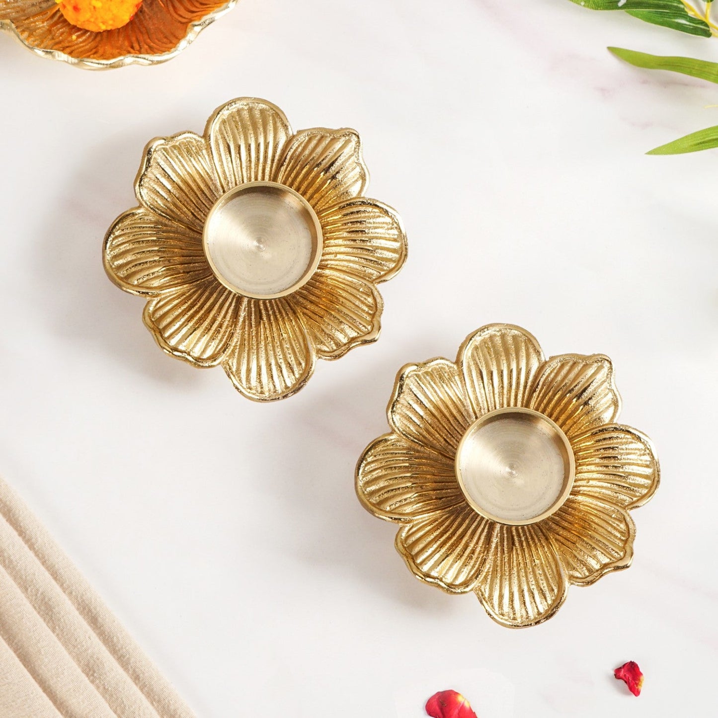 Petal Radiance Aluminium Tealight Candle Holder Set Of 2 In Festive Gift Box