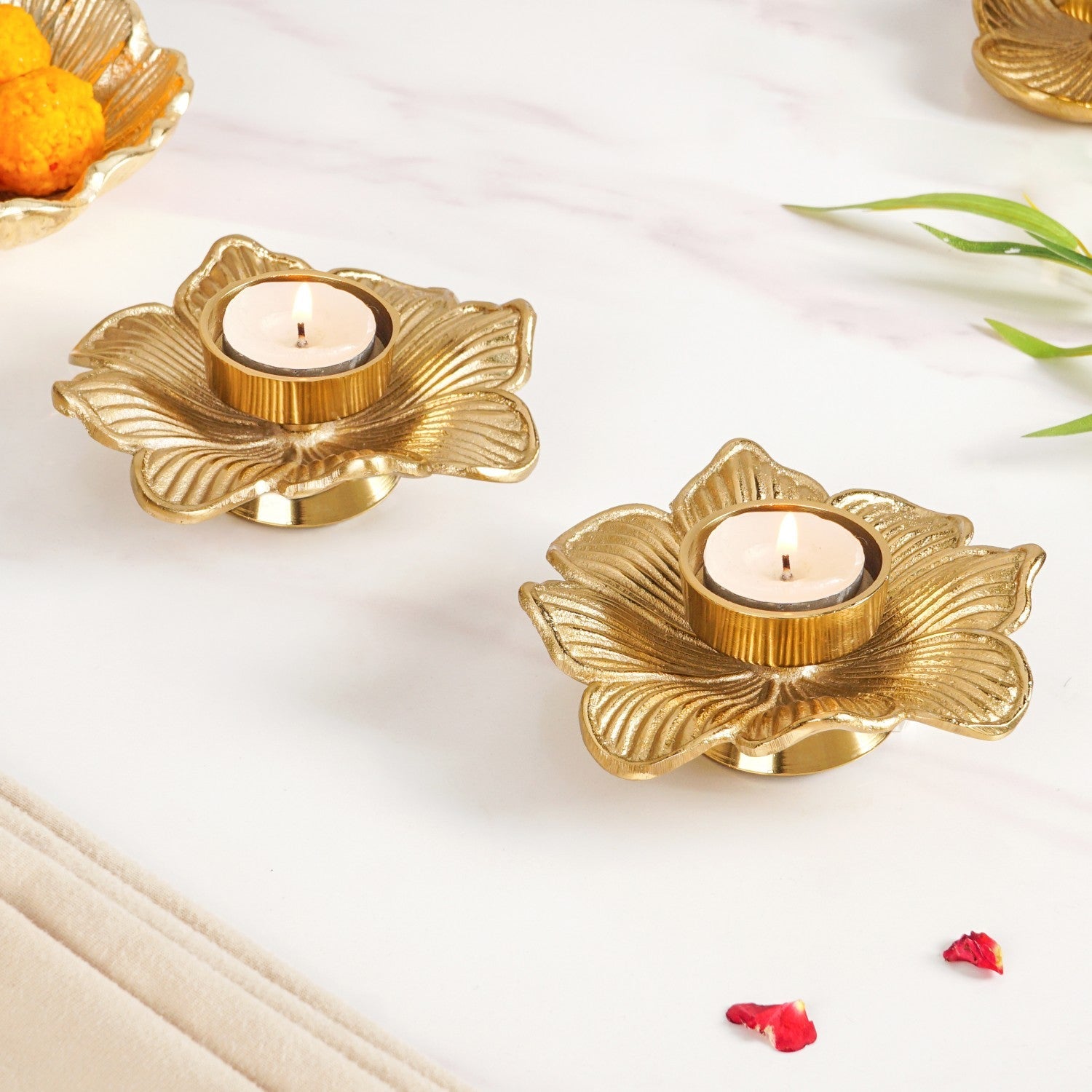 Petal Radiance Aluminium Tealight Candle Holder Set Of 2 In Festive Gift Box