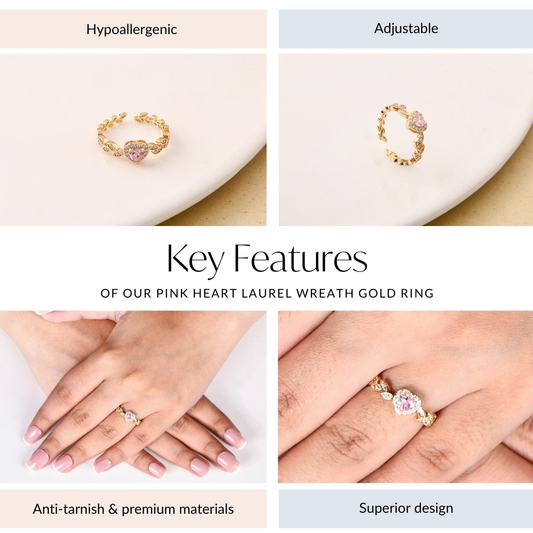 Pink Heart Laurel Wreath Gold Ring