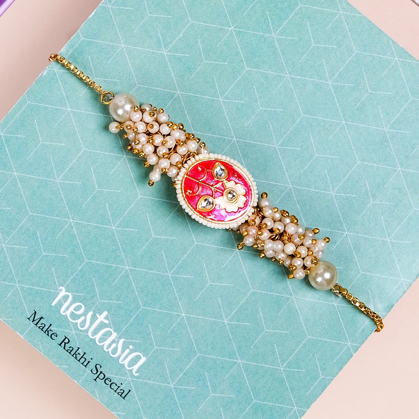 Pearl Cluster Pink Bracelet Rakhi Gift Set