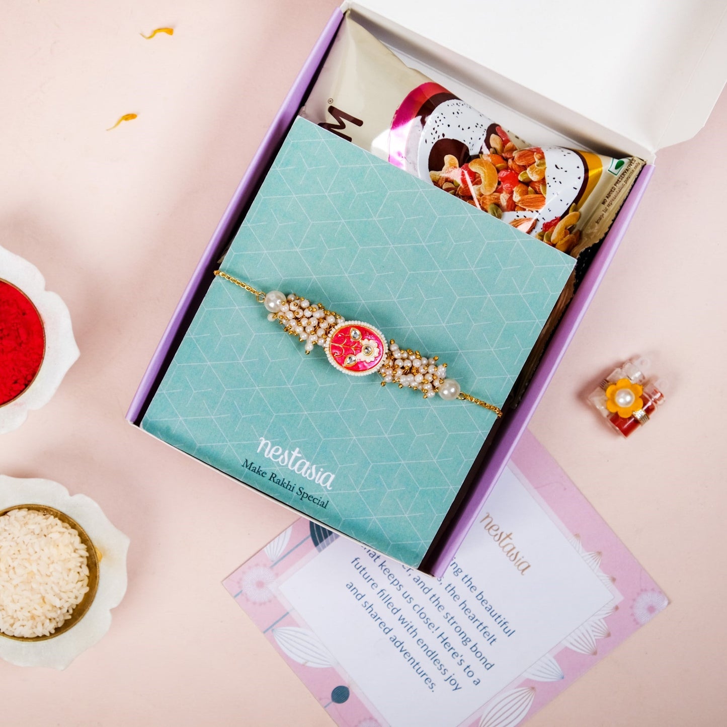 Pearl Cluster Pink Bracelet Rakhi Gift Set