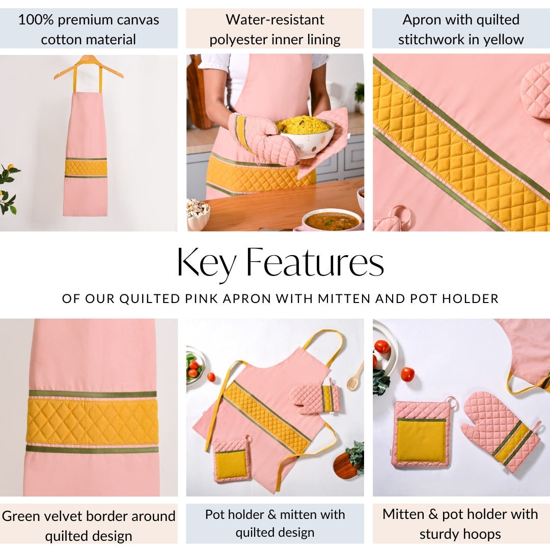 Quilted Pink Apron With Mitten And Pot Holder
