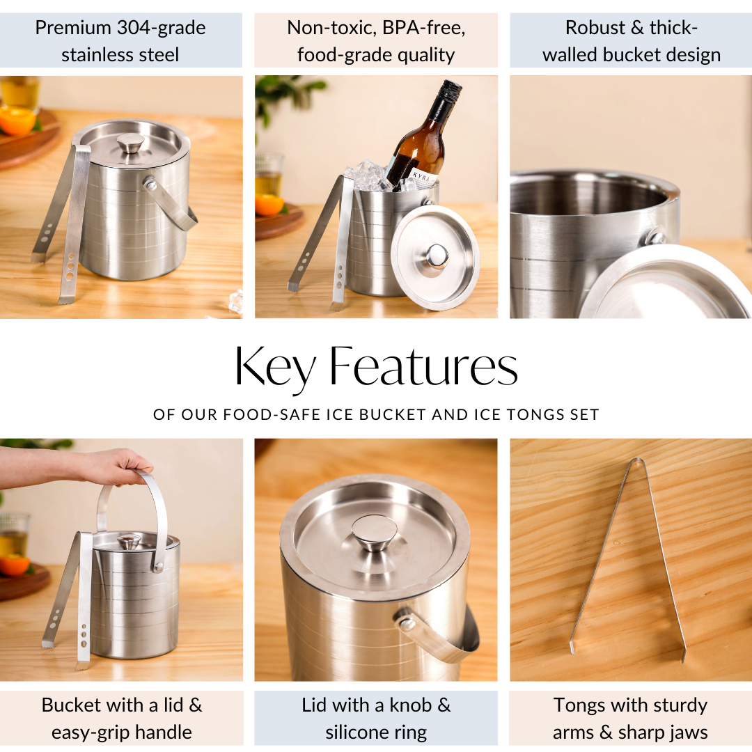 Pinstripe Stainless Steel Ice Bucket With Tongs 2000ml