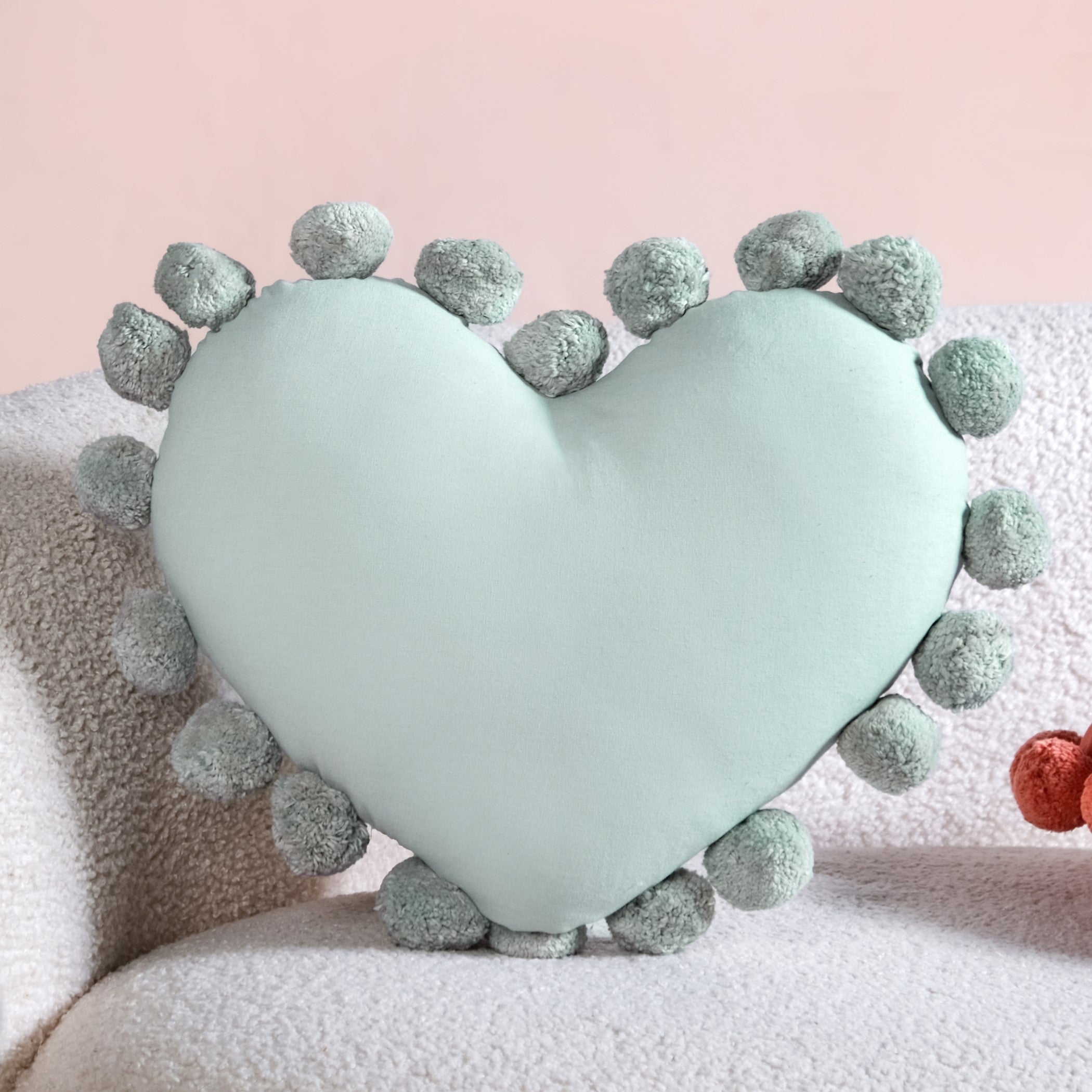 Pom Pom Heart Sofa Cushion Mint Green 40x35cm