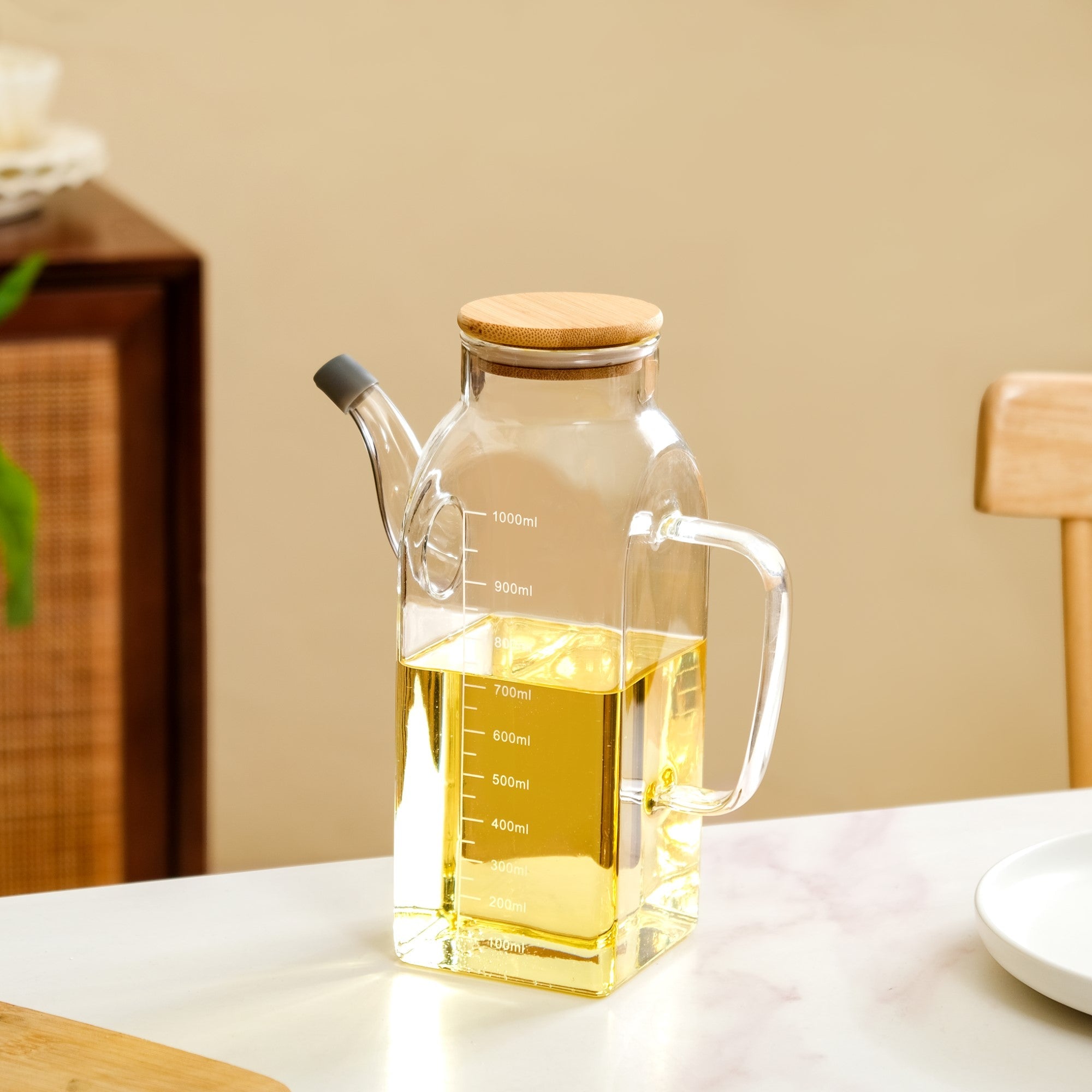 Premium Borosilicate Glass Oil Pot with Bamboo Lid 1000ml
