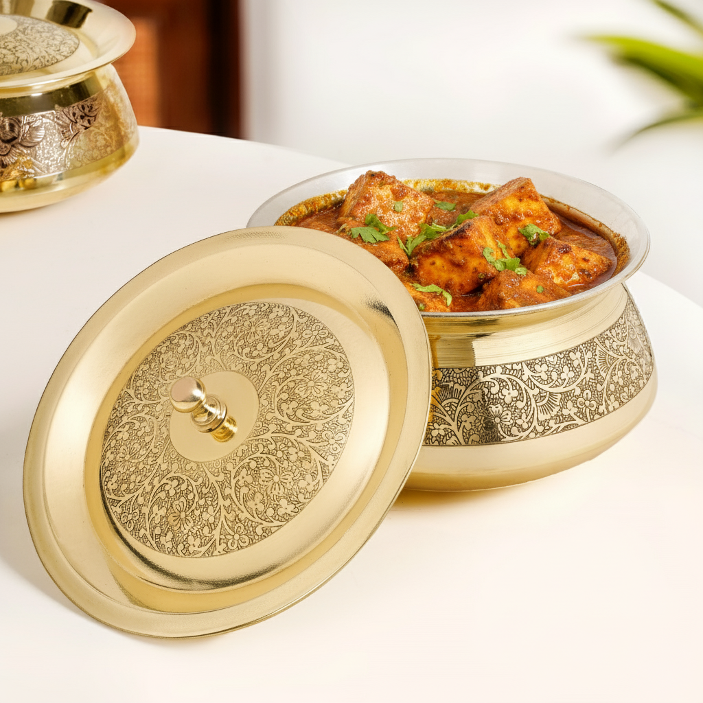 Pure Brass Embossed Handi Cooking Pot With Lid 2300ml