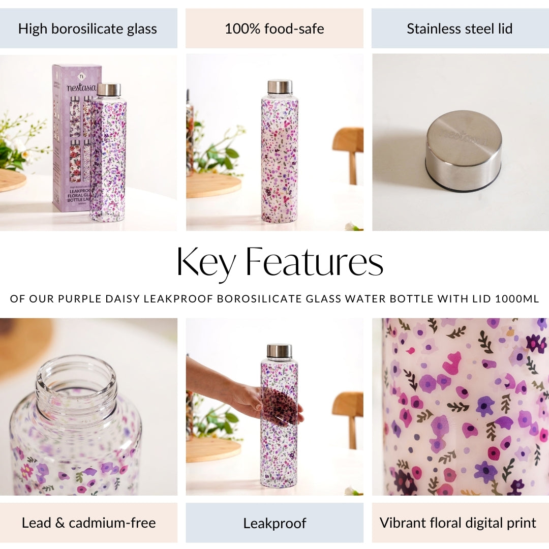 Purple Daisy Leakproof Borosilicate Glass Water Bottle With Lid 1000ml