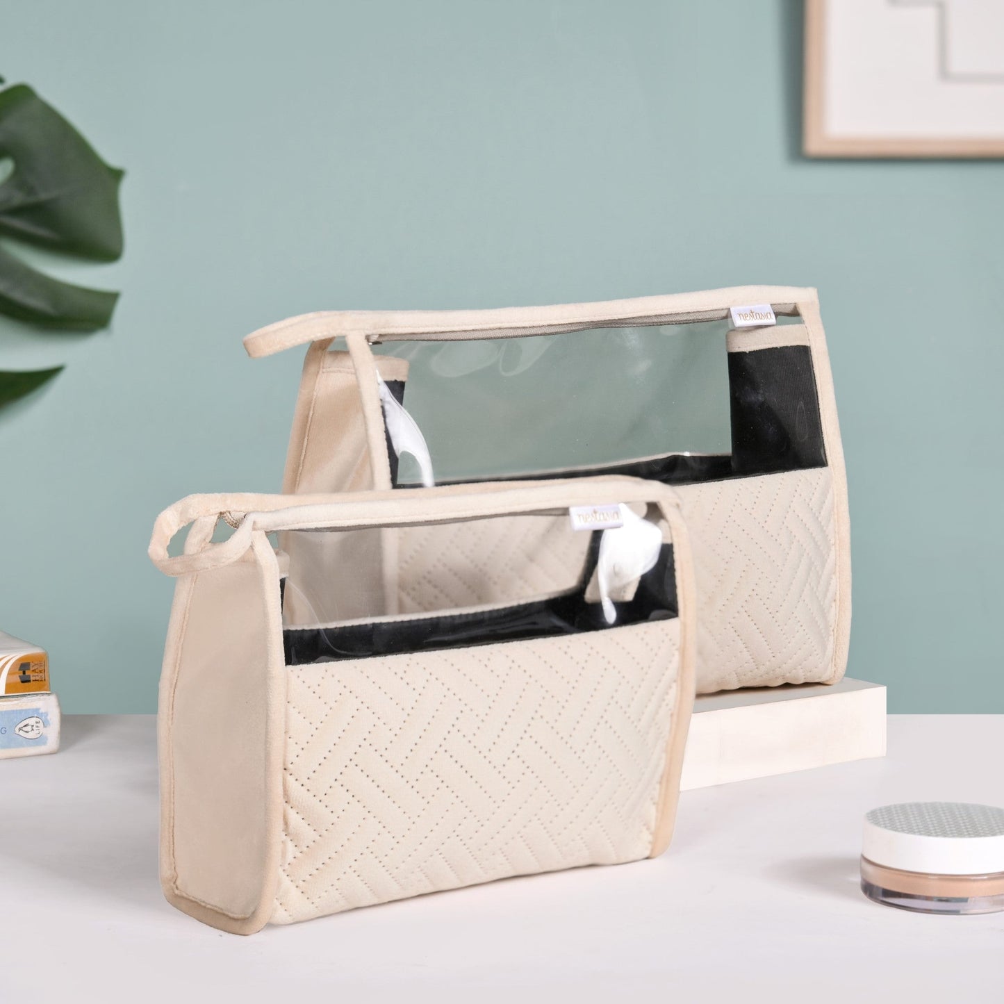 Quilted Cream White Nesting Travel Pouch Set Of 2