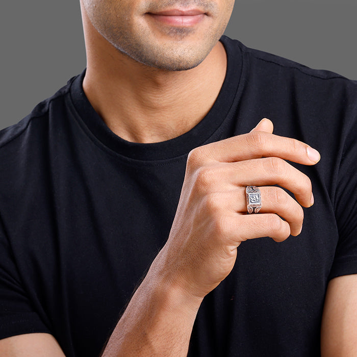 Oxidised Silver Omkar Ring For Him