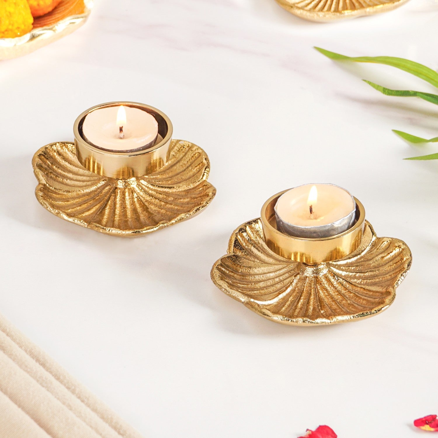 Radiant Bloom Aluminium Tealight Holder Set Of 2 In Festive Gift Box