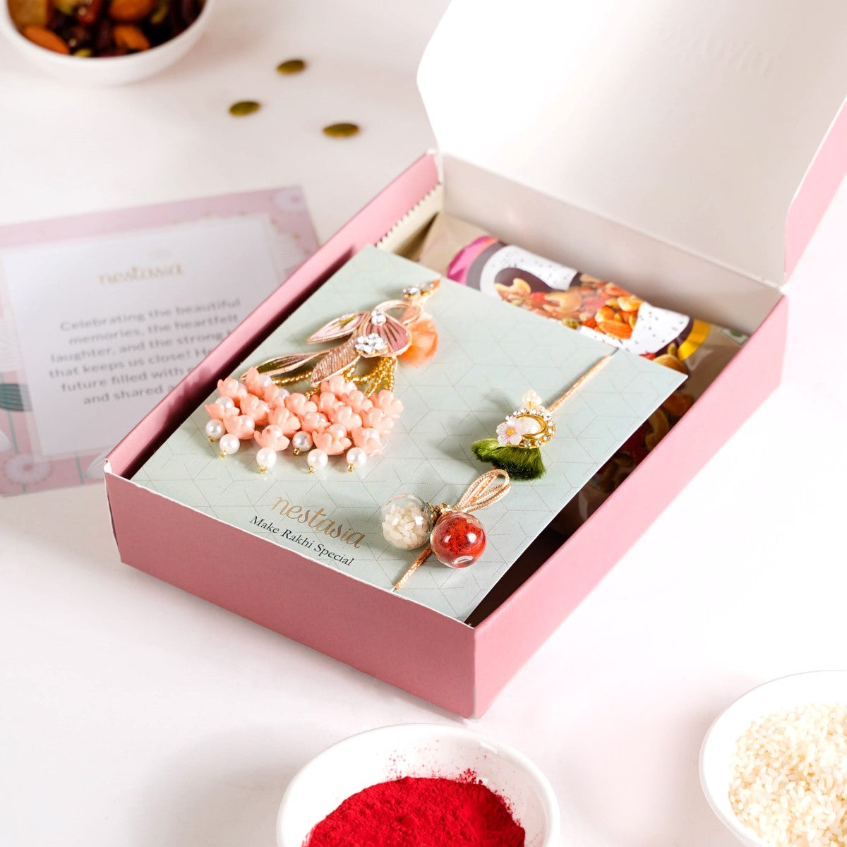 Pearly Peach Rakhi Lumba Hamper Set Of 4 With Gift Box