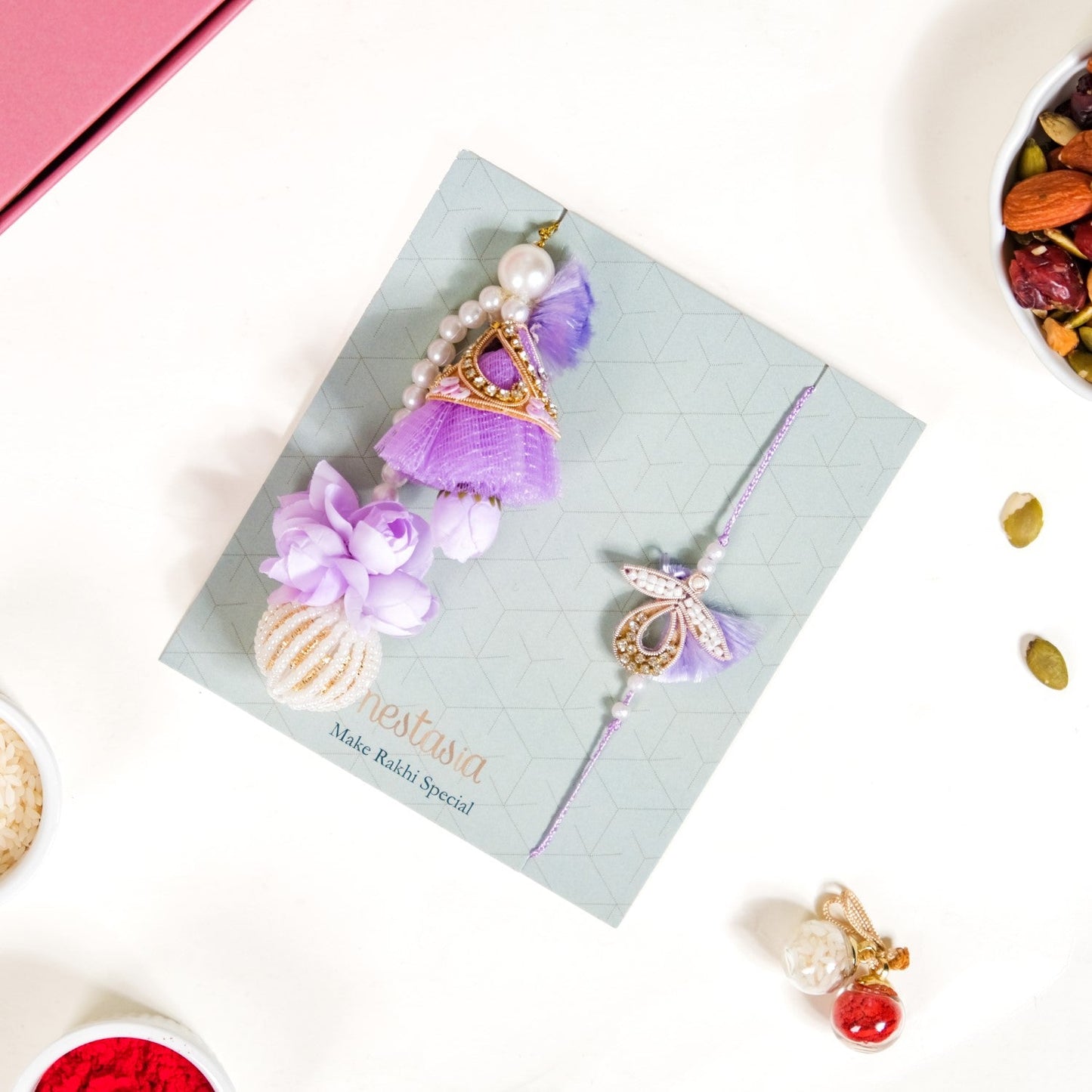 Lavender Couple Rakhi Gift Set Of 4 With Box And Card