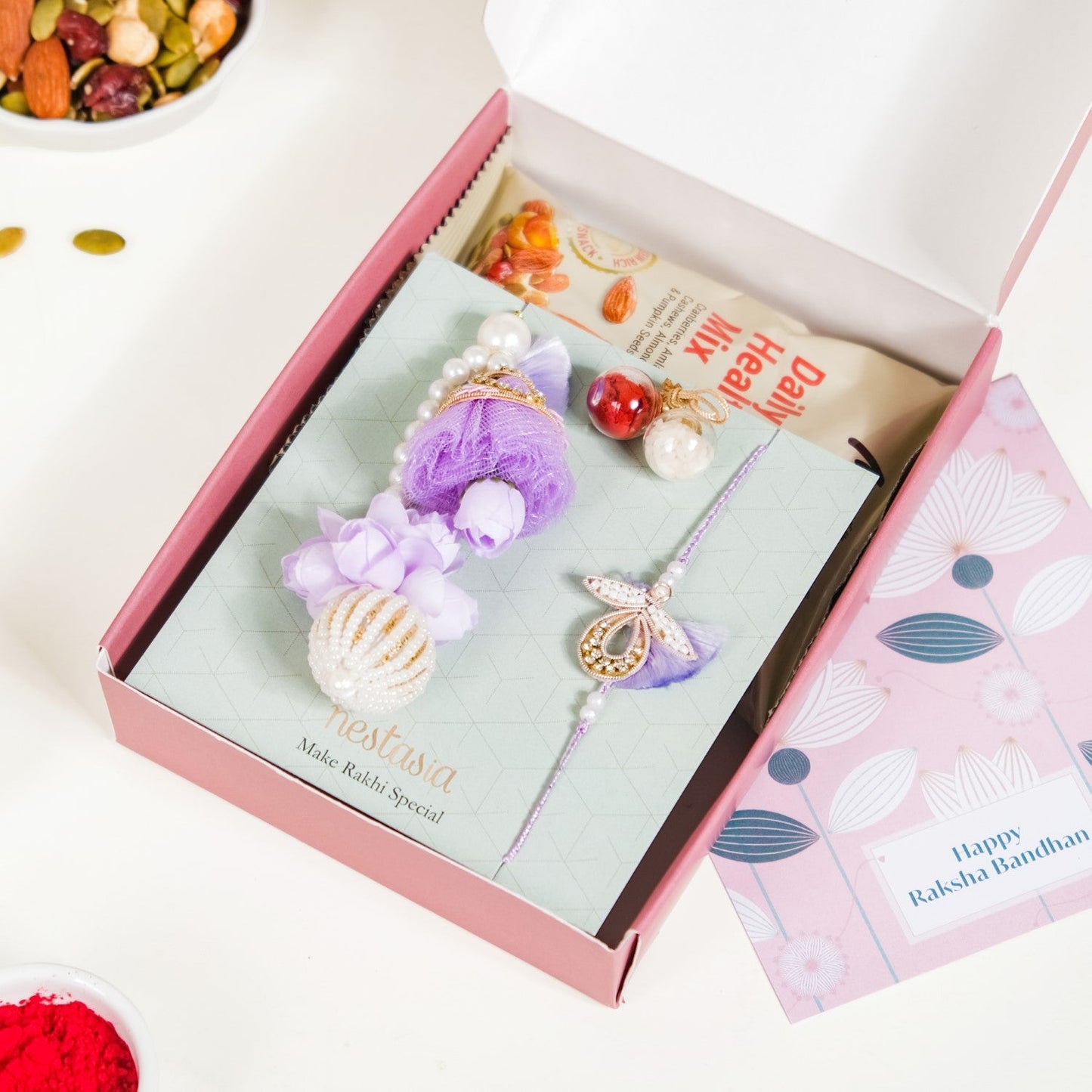 Lavender Couple Rakhi Gift Set Of 4 With Box And Card