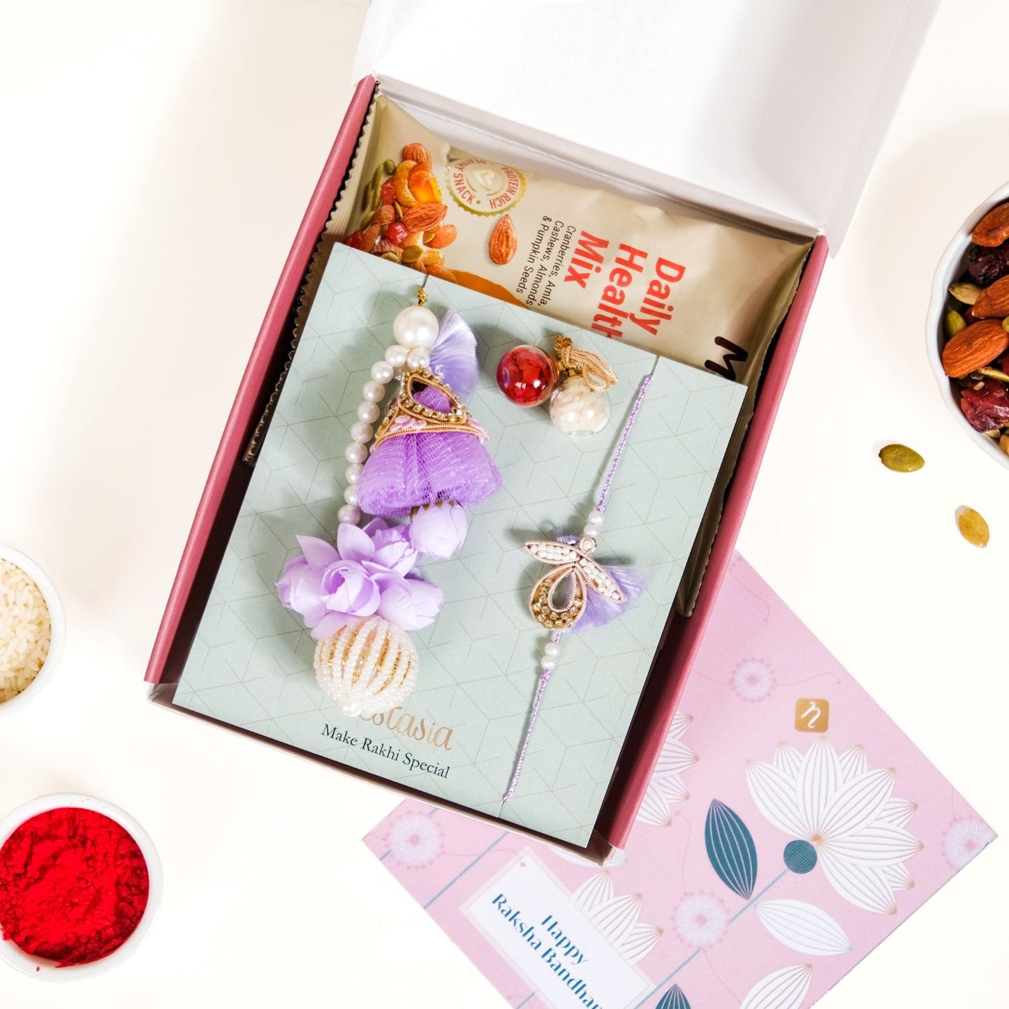 Lavender Couple Rakhi Gift Set Of 4 With Box And Card