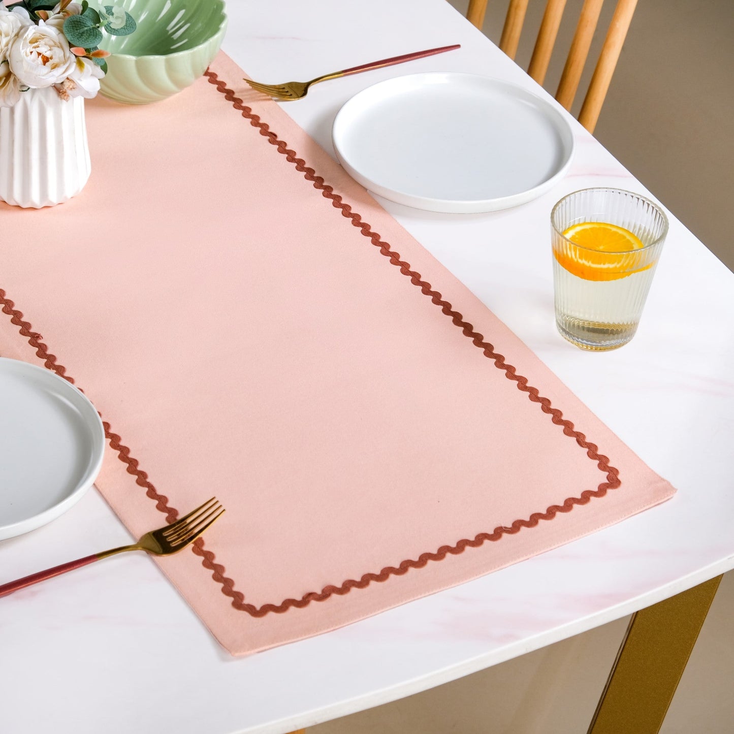 Madeline Rick Rack Cotton Table Runner Peach 183x36cm