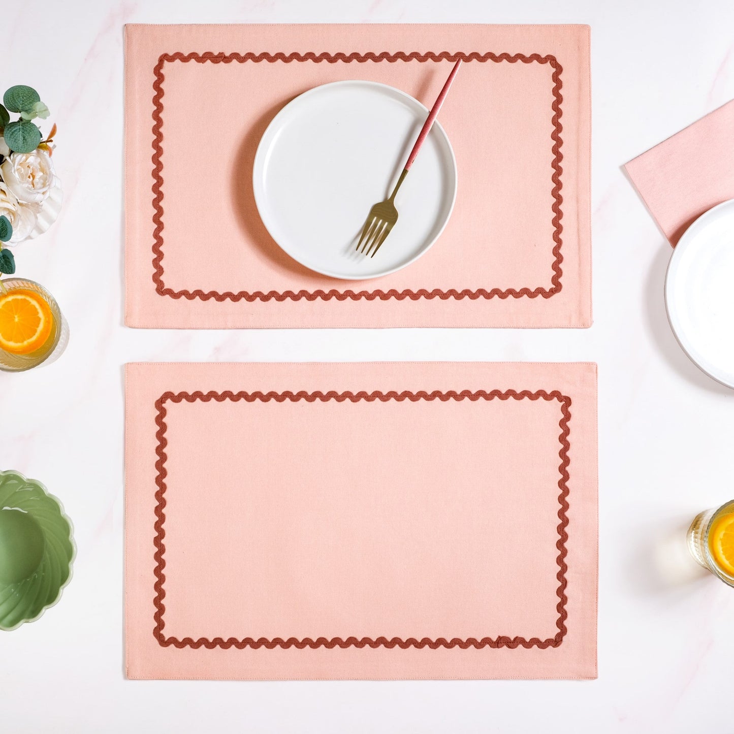 Madeline Rick Rack Peach Set Of 6 Reversible Cotton Placemats