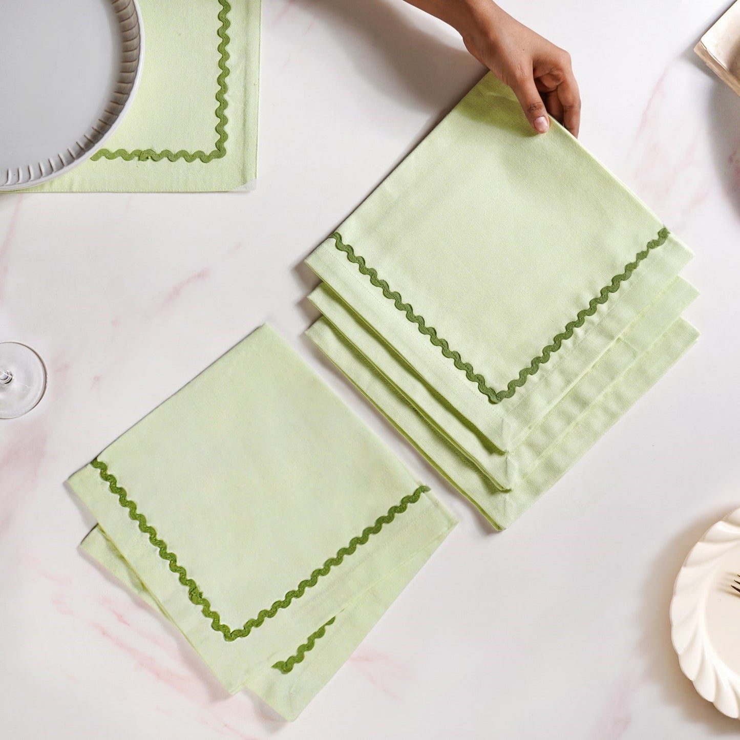 Isabelle Set Of 4 Green Cotton Rick Rack Napkins