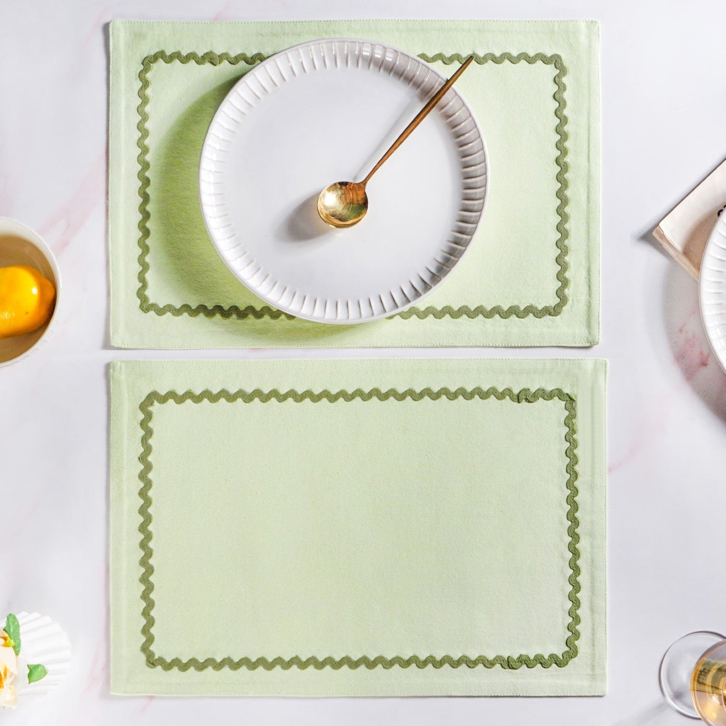 Isabelle Set Of 6 Green Table Mats With Rick Rack