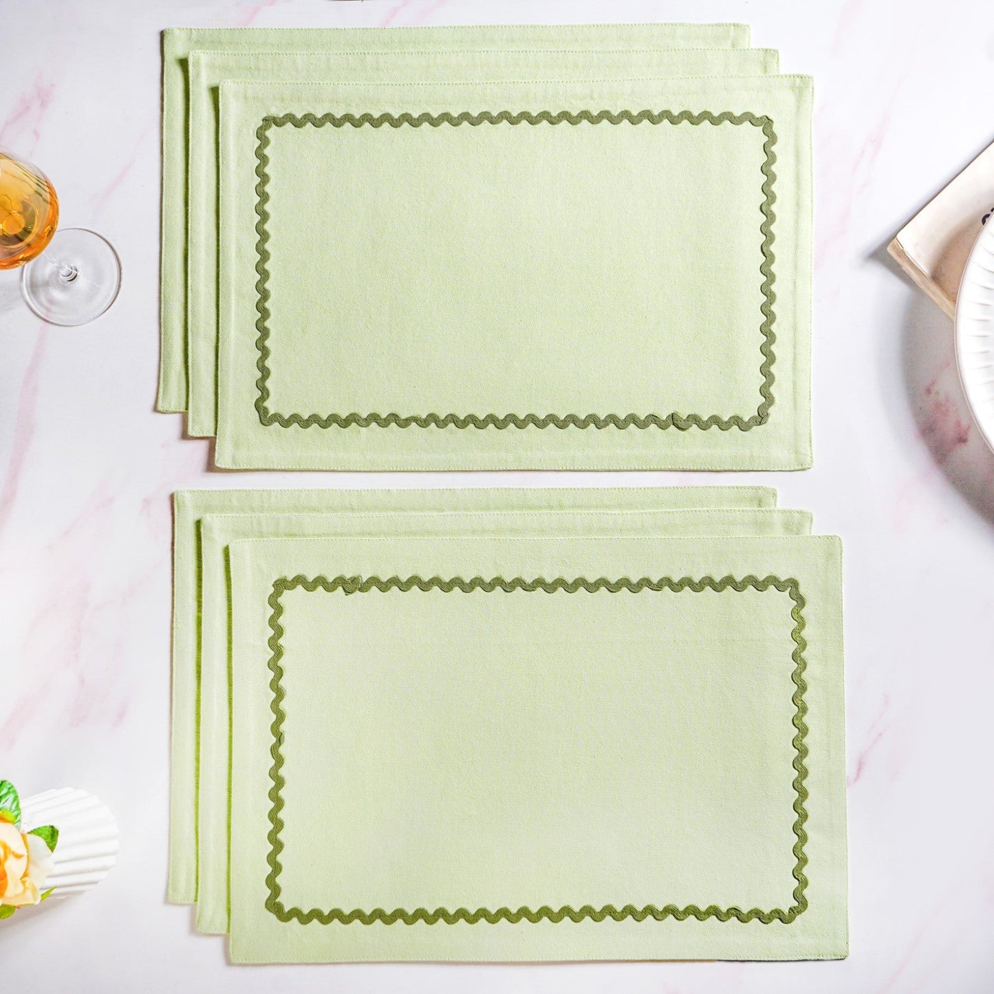 Isabelle Set Of 6 Green Table Mats With Rick Rack