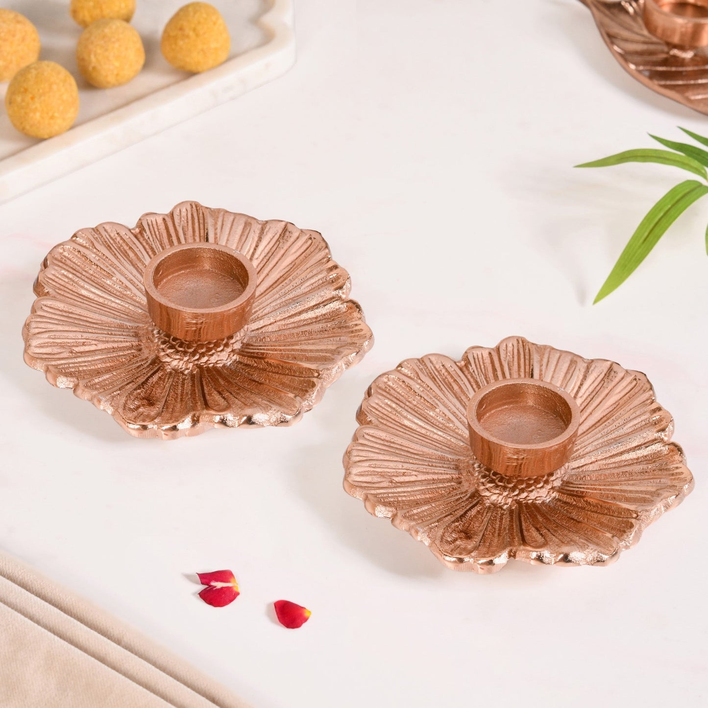 Rose Gold Tealight Candle Holder Set Of 2 In Festive Gift Box