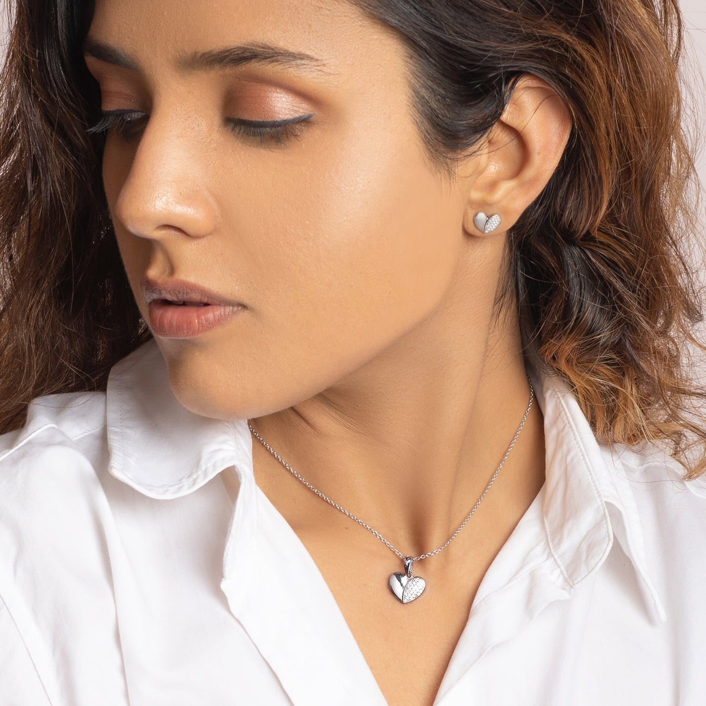 Silver Zircon Charming Heart Set with Link Chain