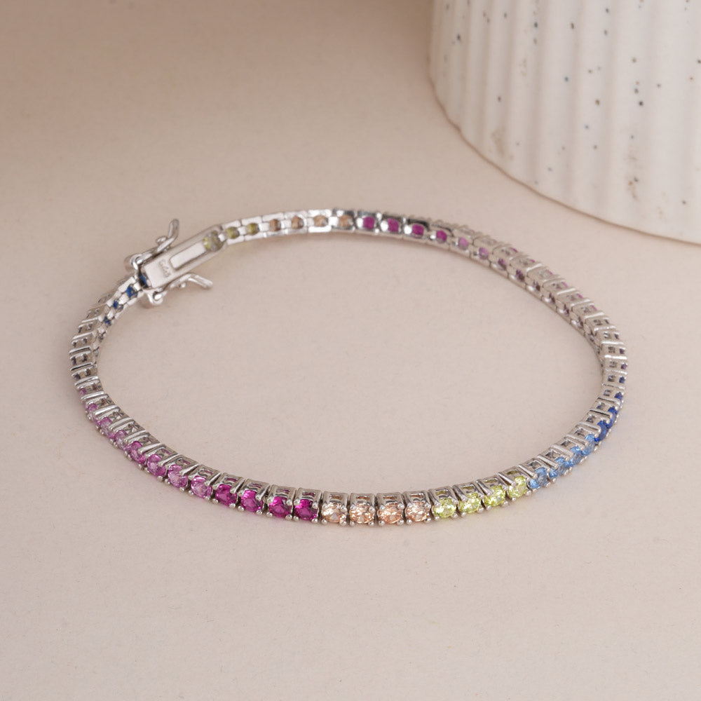 Rainbow Crystal Tennis 925 Sterling Silver Bracelet