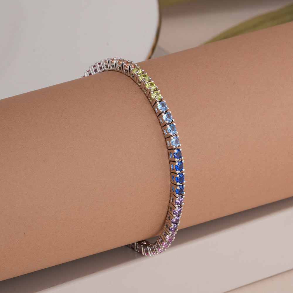 Rainbow Crystal Tennis 925 Sterling Silver Bracelet