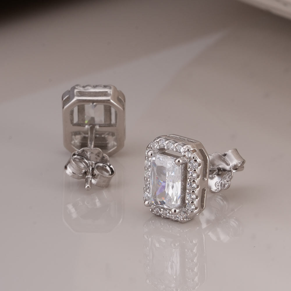 Emerald Cut Crystal 925 Sterling Silver Stud Earrings