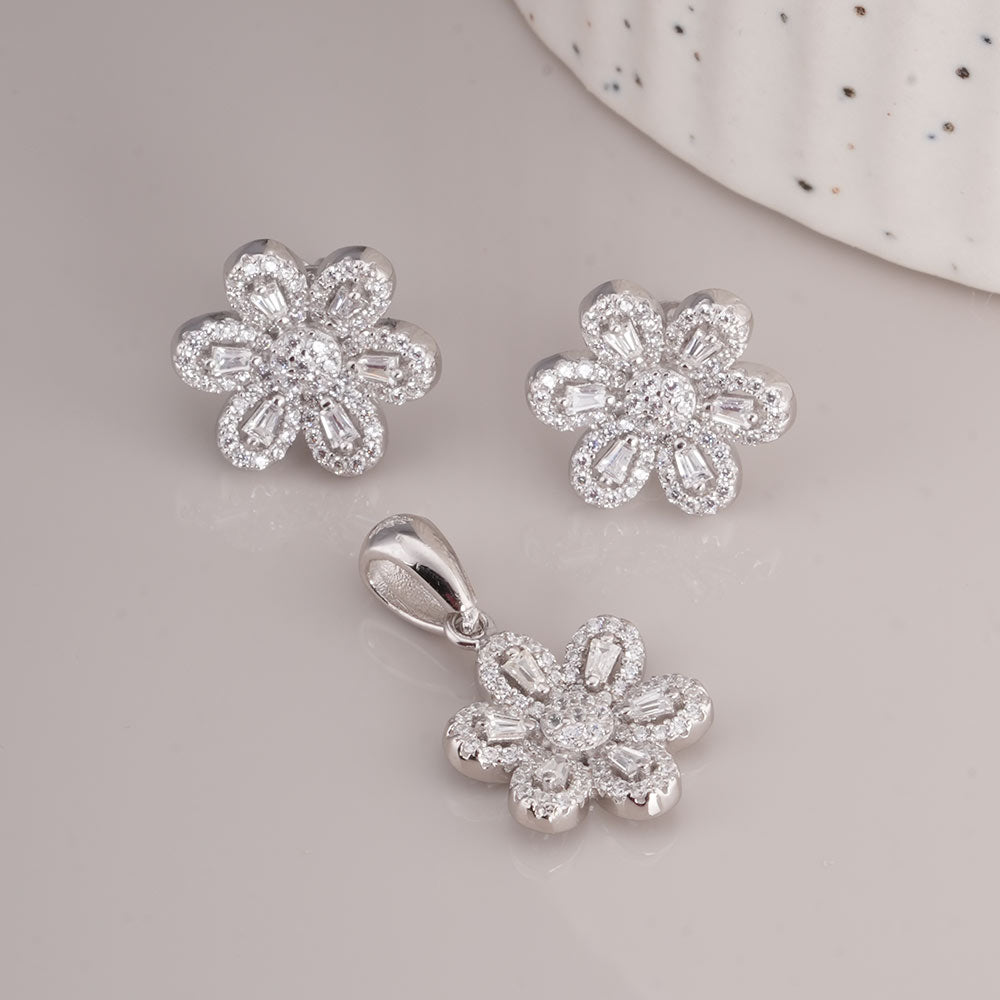 Floral CZ 925 Sterling Silver Pendant and Earring Set