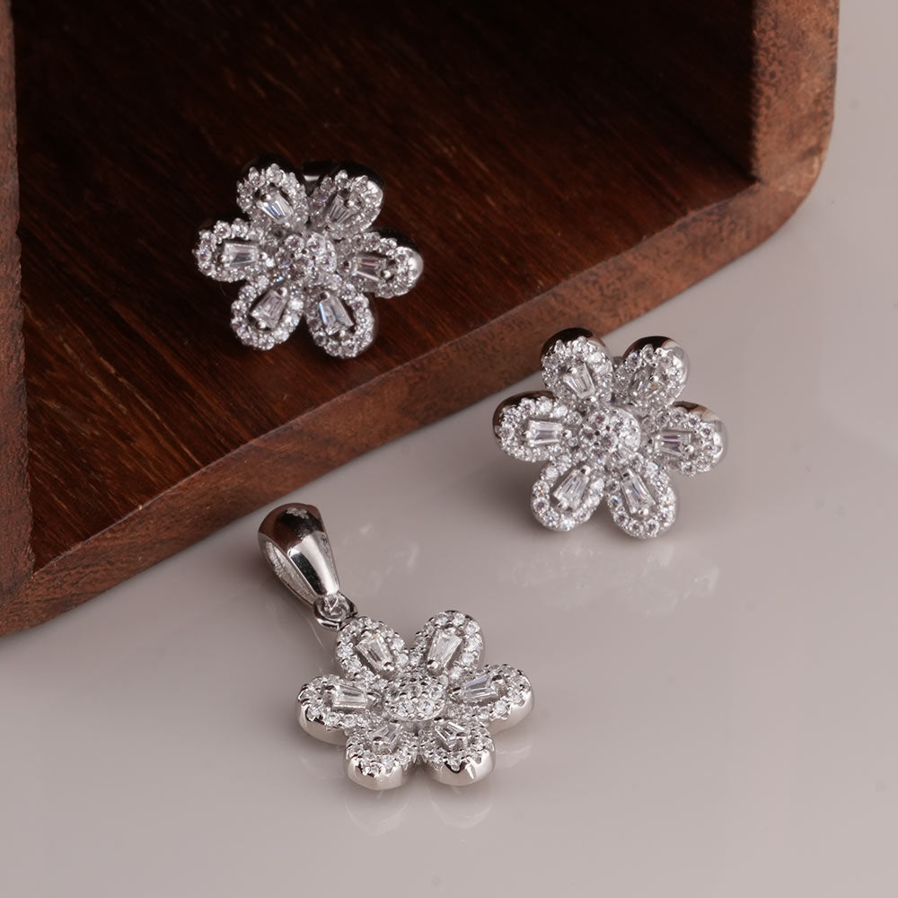 Floral CZ 925 Sterling Silver Pendant and Earring Set
