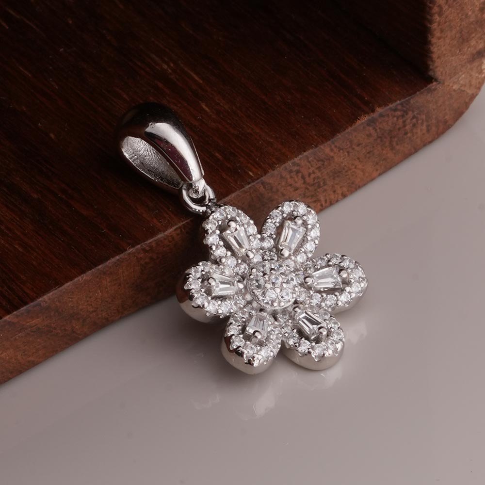 Floral CZ 925 Sterling Silver Pendant and Earring Set