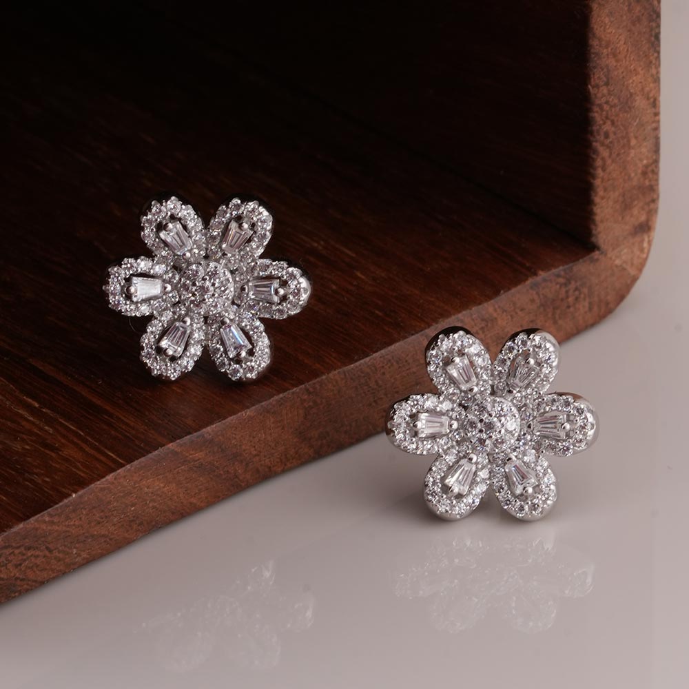 Floral CZ 925 Sterling Silver Pendant and Earring Set