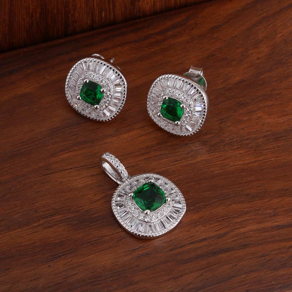 Green Crystal Halo 925 Sterling Silver Pendant Earring Set