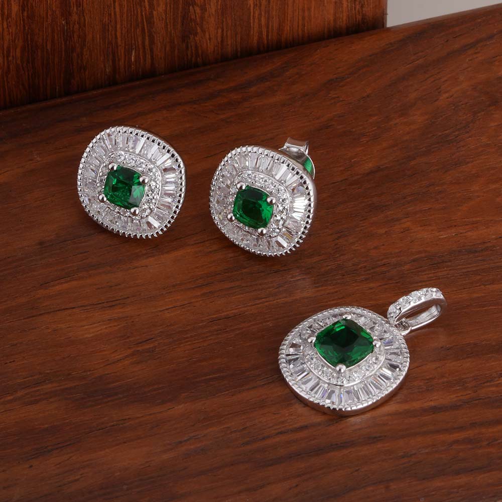 Green Crystal Halo 925 Sterling Silver Pendant Earring Set