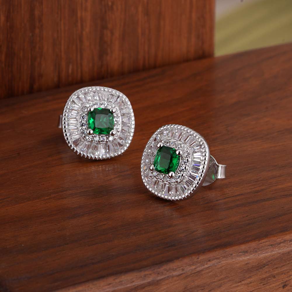 Green Crystal Halo 925 Sterling Silver Pendant Earring Set