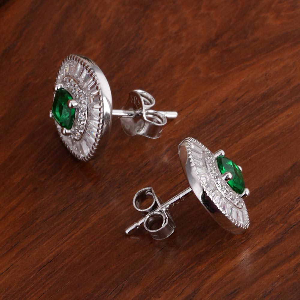 Green Crystal Halo 925 Sterling Silver Pendant Earring Set